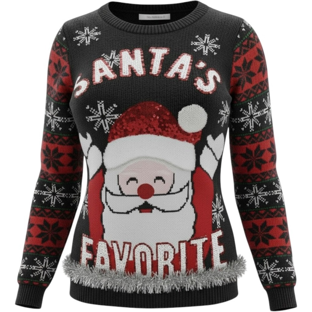 No Boundaries Santa's Favorite Ugly Christmas Sweater Black Red Sequin Large